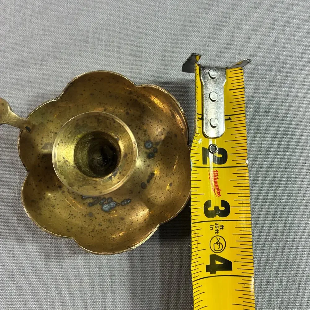 Vintage Solid Brass Chamberstick Finger Loop Candle Holder Scalloped Drip Tray